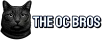 The OC Bros logo – black and white drawing of Tuna the Handyman Russian Blue cat