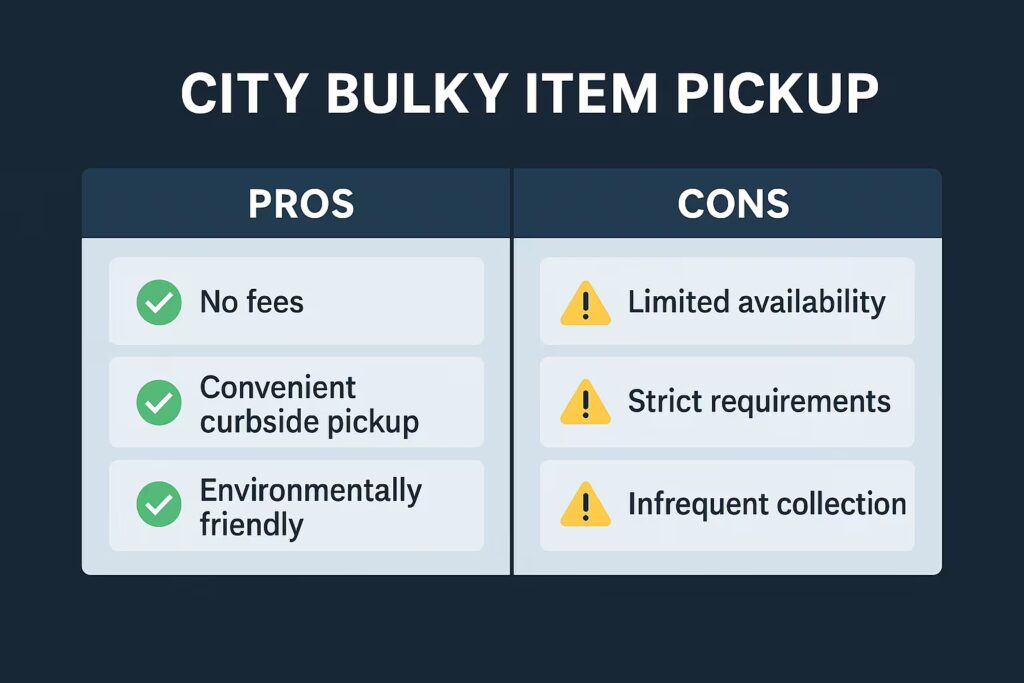 Infographic comparing pros and cons of city bulky item pickup for mattress disposal.