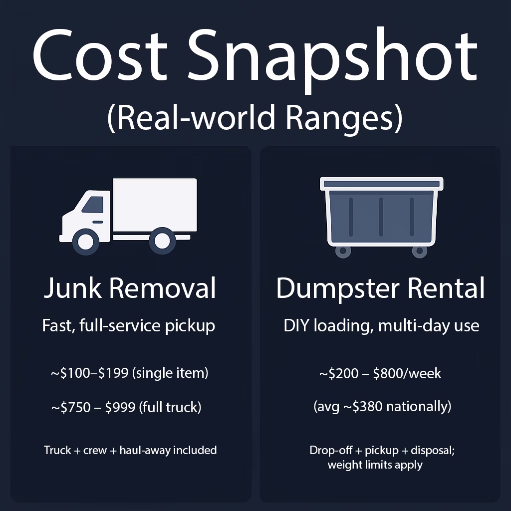 Cost comparison between junk removal and dumpster rental in Orange County showing price ranges and service differences.