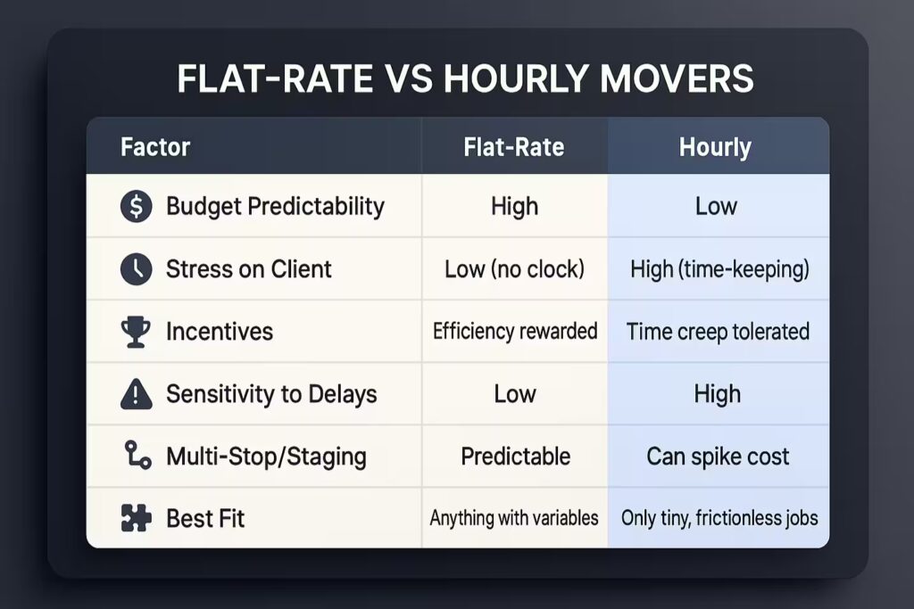Infographic table comparing flat-rate and hourly movers by budget predictability, stress, incentives, and reliability