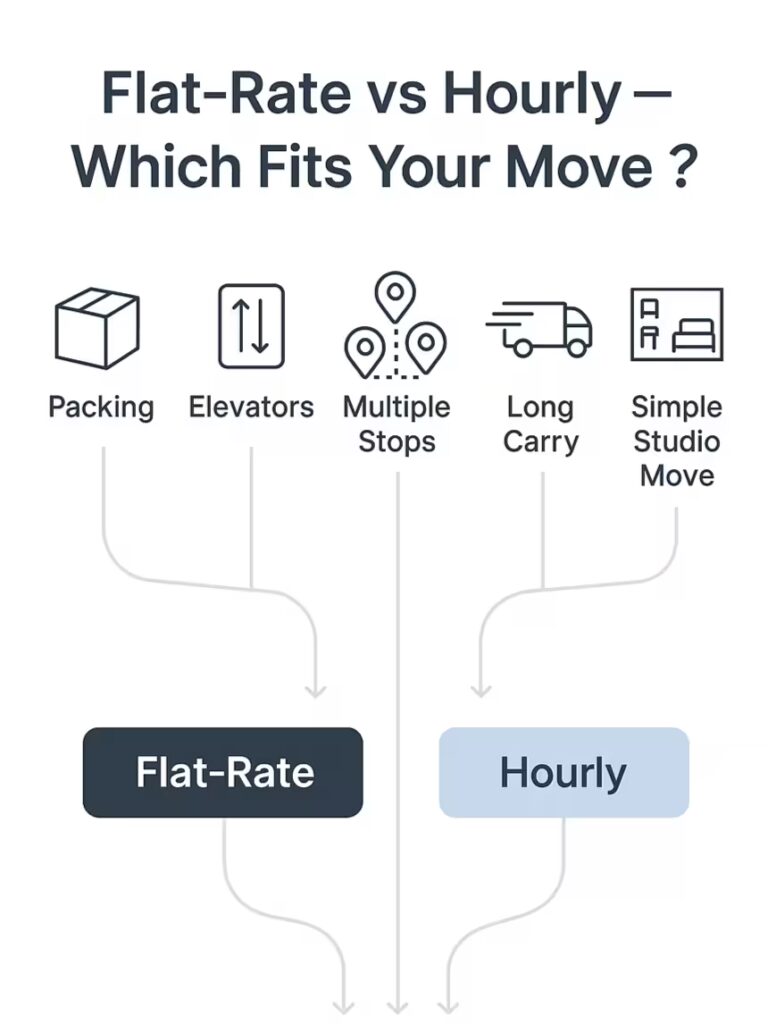 Flat-rate vs hourly movers flowchart comparing flat-rate and hourly moving options with packing, elevators, stops, and long carry examples