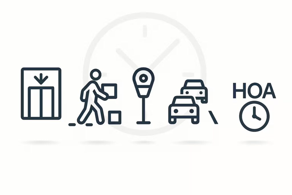 Icons showing elevator waits, parking limits, traffic, and HOA restrictions that increase hourly moving costs