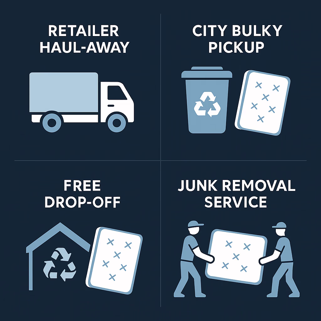 Four mattress disposal options in Orange County: retailer haul-away, city pickup, drop-off, and junk removal.