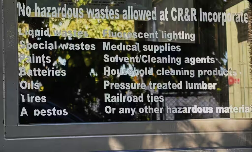 Sign listing hazardous wastes not accepted at a local transfer station in Orange County