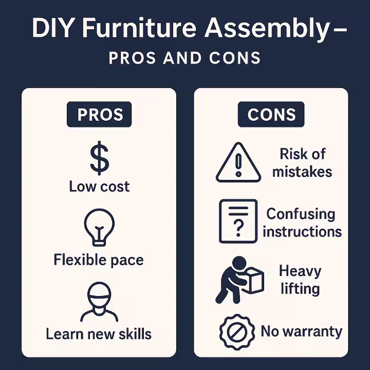 Infographic showing the pros and cons of DIY furniture assembly, including low cost, flexible pace, risk of mistakes, confusing instructions, heavy lifting, and no warranty.