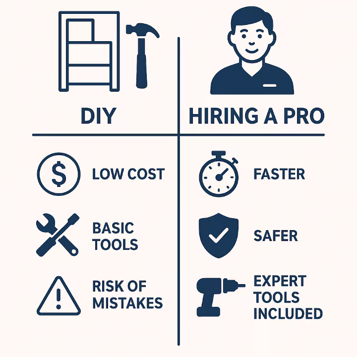 Infographic comparing DIY furniture assembly versus hiring a professional, showing cost, tools, safety, and speed differences.
