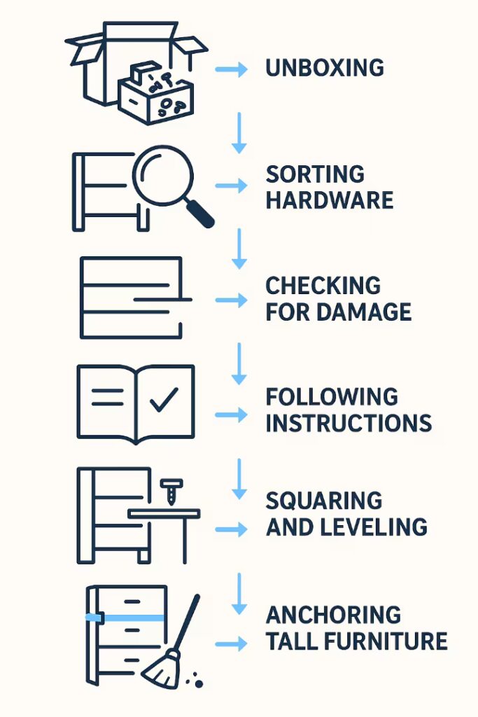 Infographic showing the main steps of furniture assembly: unboxing, sorting hardware, checking for damage, following instructions, leveling, and anchoring.