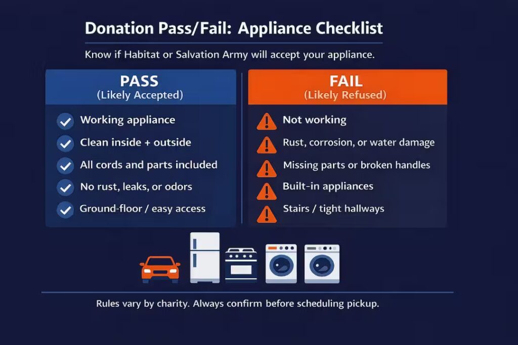 Checklist showing pass/fail criteria for appliance donation acceptance.