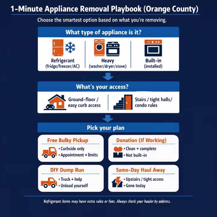 Step-by-step appliance removal playbook showing how to choose the right disposal option.