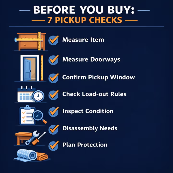 Before you buy checklist with seven estate sale pickup checks like measuring items, doorways, pickup window, and protection.