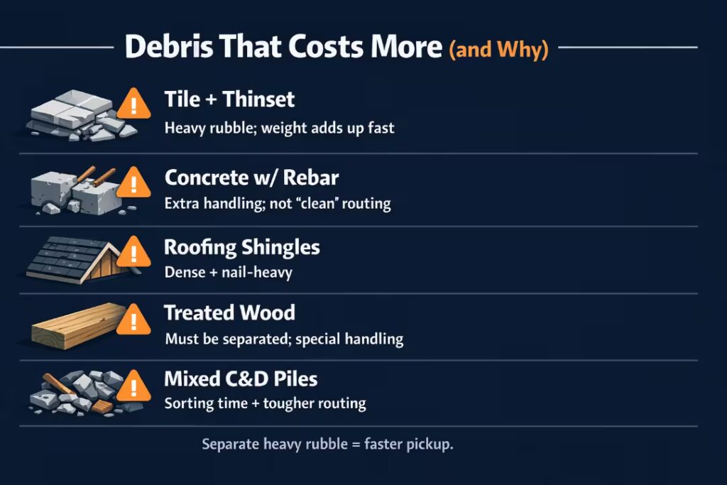 Infographic showing construction debris types that often cost more due to weight, handling, or special rules.