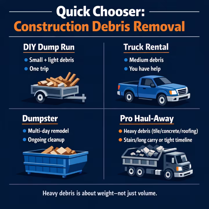 Quick chooser showing the best construction debris removal option based on weight, timeline, and access.