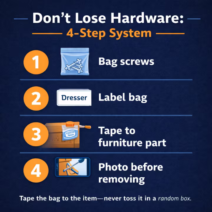 Four-step system for keeping estate sale furniture hardware organized: bag screws, label bag, tape to item, and take a photo.