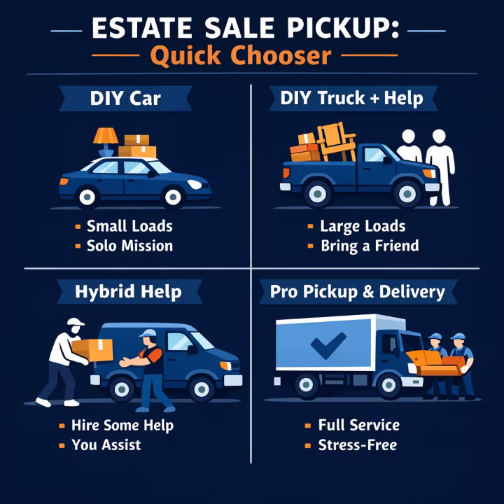 Estate sale pickup quick chooser comparing DIY car, DIY truck and help, hybrid help, and pro pickup and delivery.