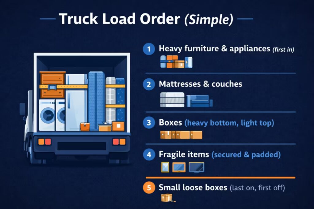 Truck load order diagram showing heavy items first, then mattresses, boxes, fragile items secured, and small loose boxes last.