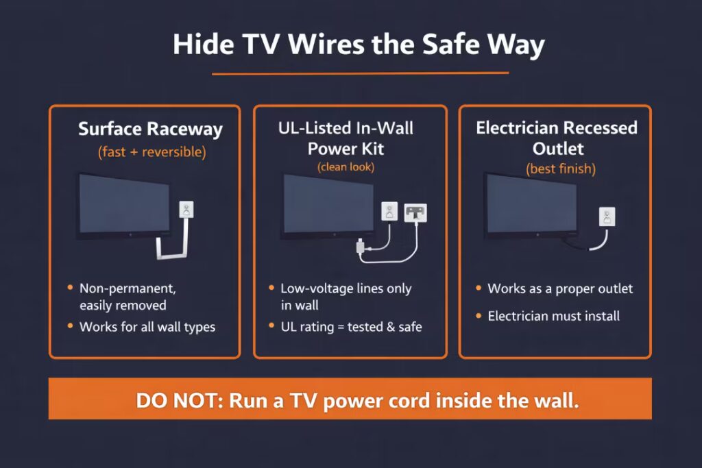 Safe TV wire hiding options comparing surface raceway, UL-listed in-wall power kit, and electrician recessed outlet with a warning not to run cords in walls.