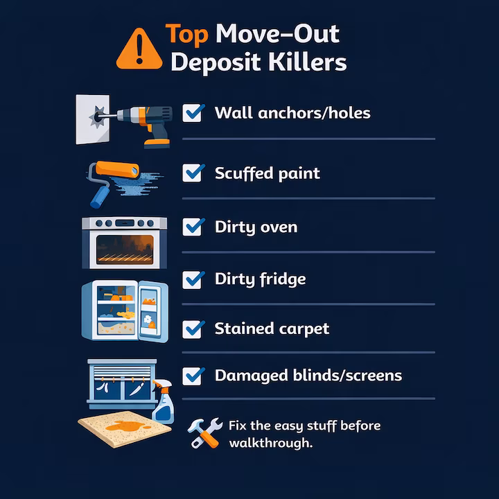 Checklist of common move-out deposit deductions like wall holes, scuffs, dirty appliances, and damaged blinds.