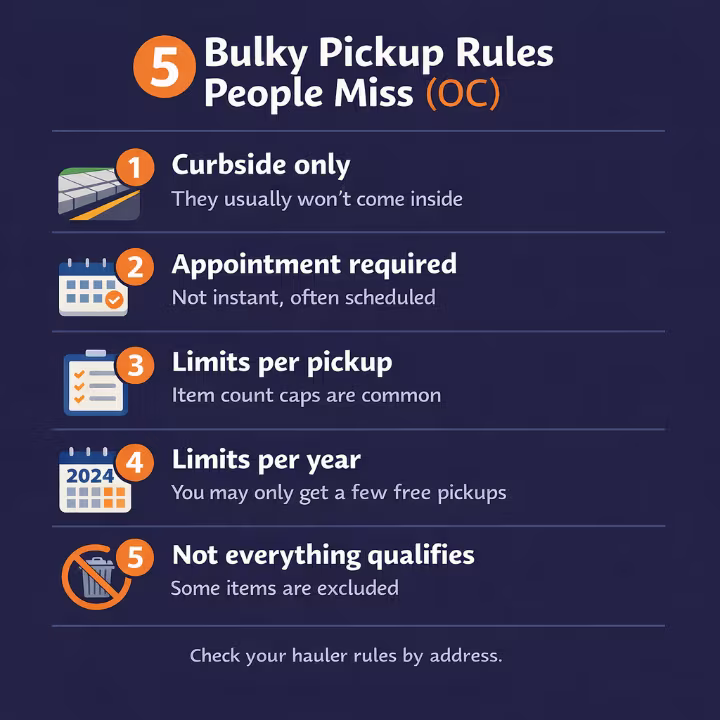 Five common bulky pickup rules that affect couch and sofa removal in Orange County.