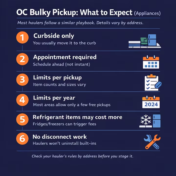 Orange County bulky pickup rules for appliances including limits, appointments, and fees.