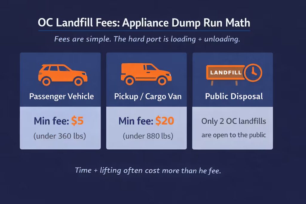 OC landfill fee comparison infographic for passenger vehicles and trucks.