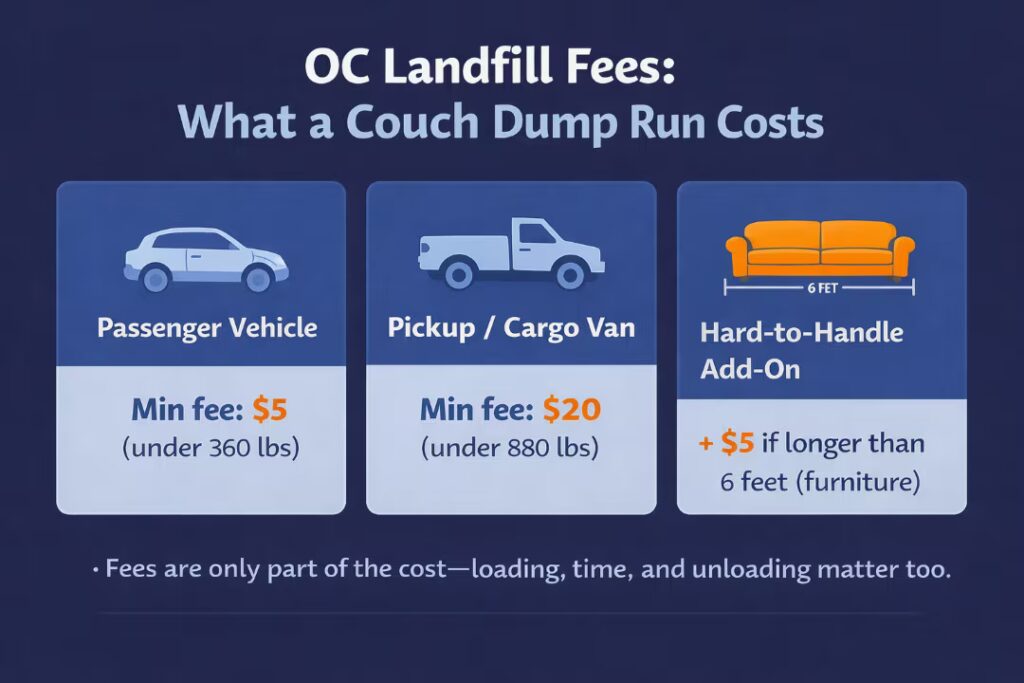 Simple chart showing Orange County landfill minimum fees and the hard-to-handle add-on that affects furniture.