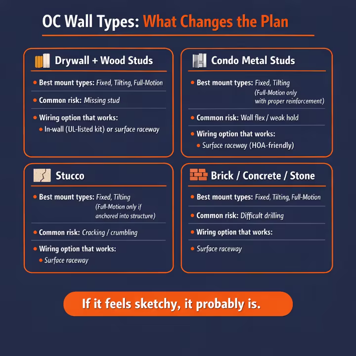 Orange County wall types for TV mounting: drywall and wood studs, condo metal studs, stucco, and brick/concrete/stone with risks and wiring options.