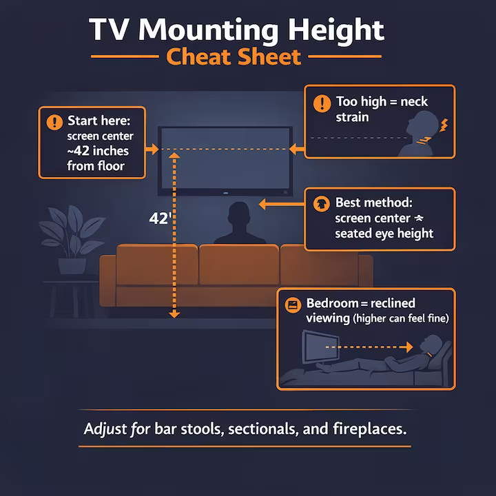 TV mounting height cheat sheet showing the 42-inch baseline, eye-level method, and why mounting too high causes neck strain.