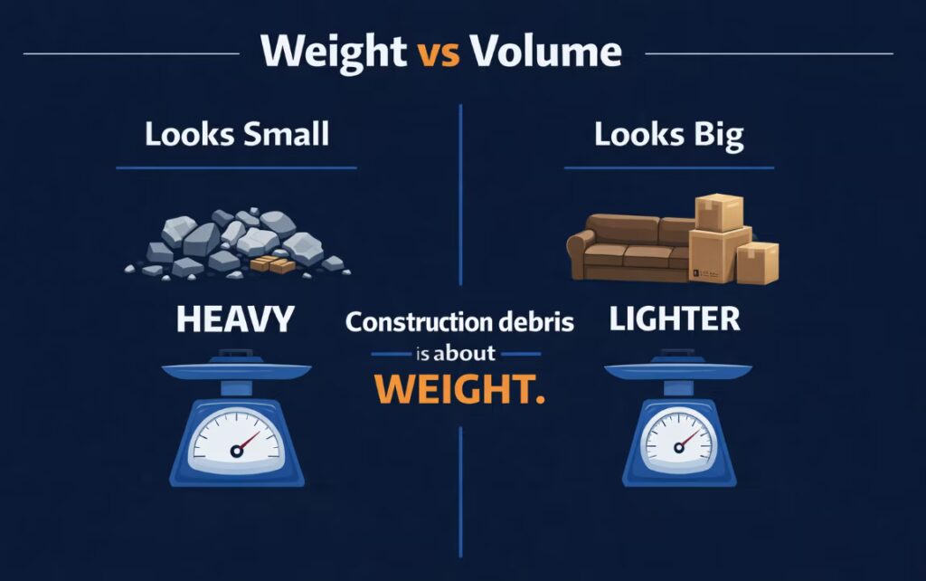 Simple visual explaining that heavy debris like tile and concrete costs more due to weight even when volume looks small.