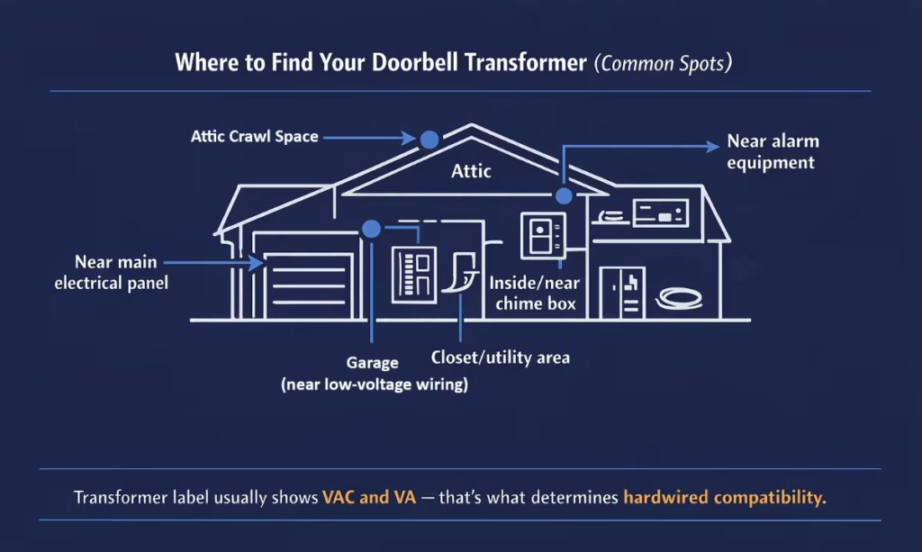 Diagram of a home showing common doorbell transformer locations: near panel, attic, chime box, garage, utility closet.
