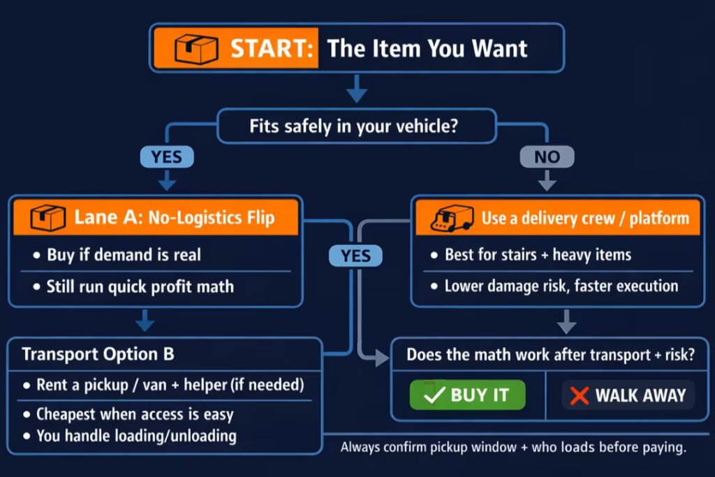 Decision tree for choosing a transport option to move and flip pickup-only estate sale deals