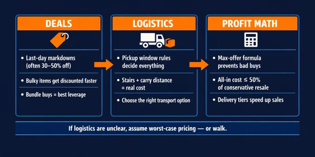 Framework showing deals, logistics, and profit math for flipping pickup-only estate sale items