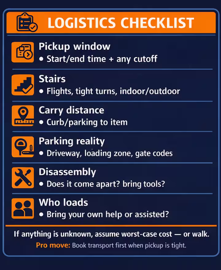 Pickup-window logistics checklist covering pickup time, stairs, parking, carry distance, disassembly, and who loads