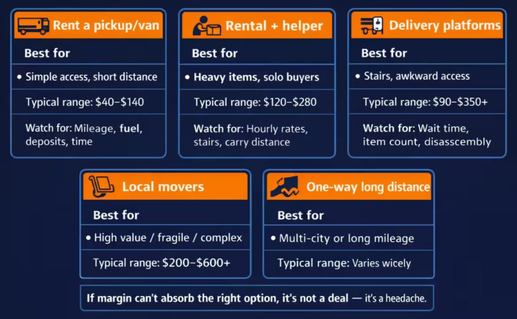 Transport cost cheat sheet comparing rental van, rental plus helper, delivery platforms, movers, and one-way rentals