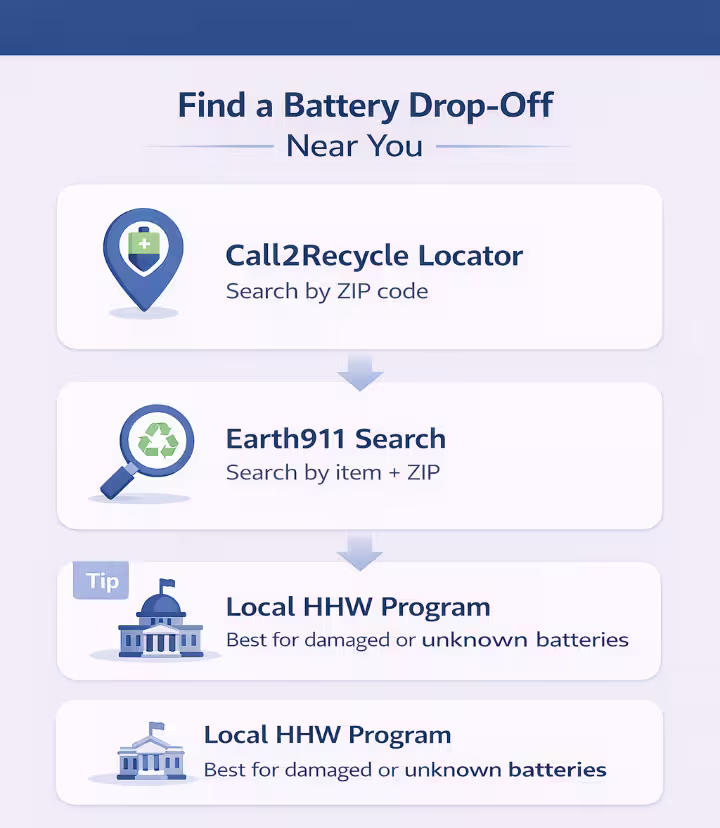 Graphic highlighting tools like Call2Recycle and Earth911 for finding battery drop-off locations.