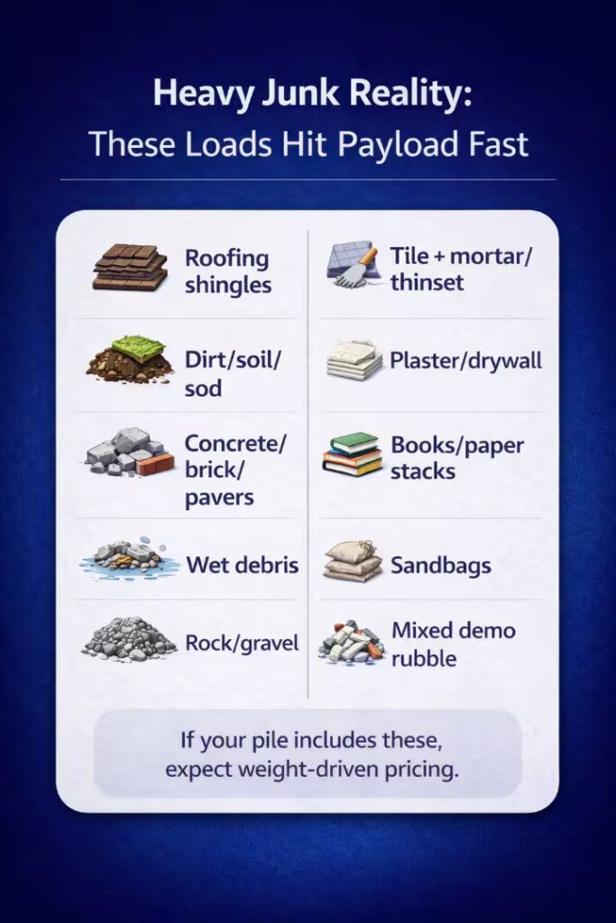Infographic listing heavy debris types that quickly hit truck payload limits such as concrete, roofing shingles, dirt, plaster, and sandbags.