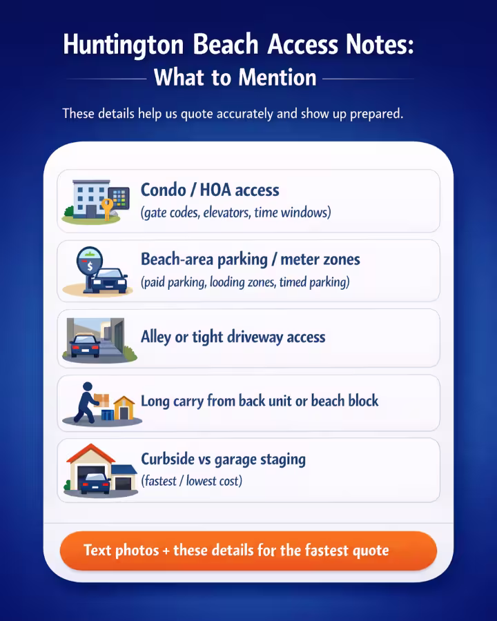 Infographic listing important access details to mention for junk removal quotes in Huntington Beach.