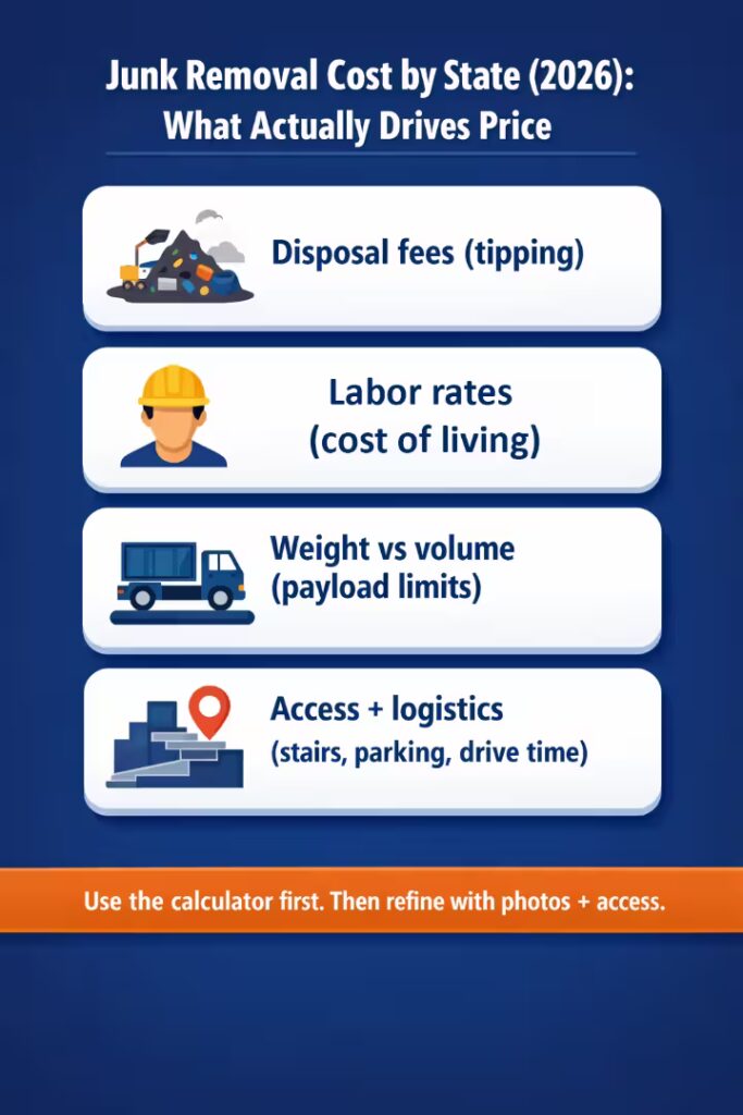 Infographic showing what drives junk removal cost by state including disposal fees, labor cost of living, weight vs volume limits, and access logistics.