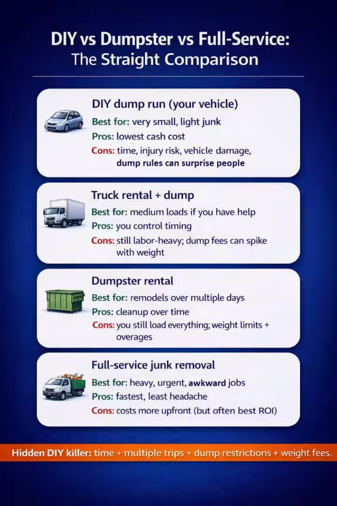 Comparison chart showing differences between DIY dump runs, truck rental, dumpster rental, and full-service junk removal.