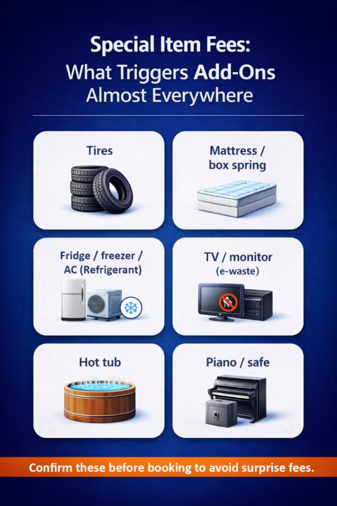 Infographic listing common junk removal add-on fees such as tires, mattresses, refrigerators, TVs, hot tubs, and pianos.