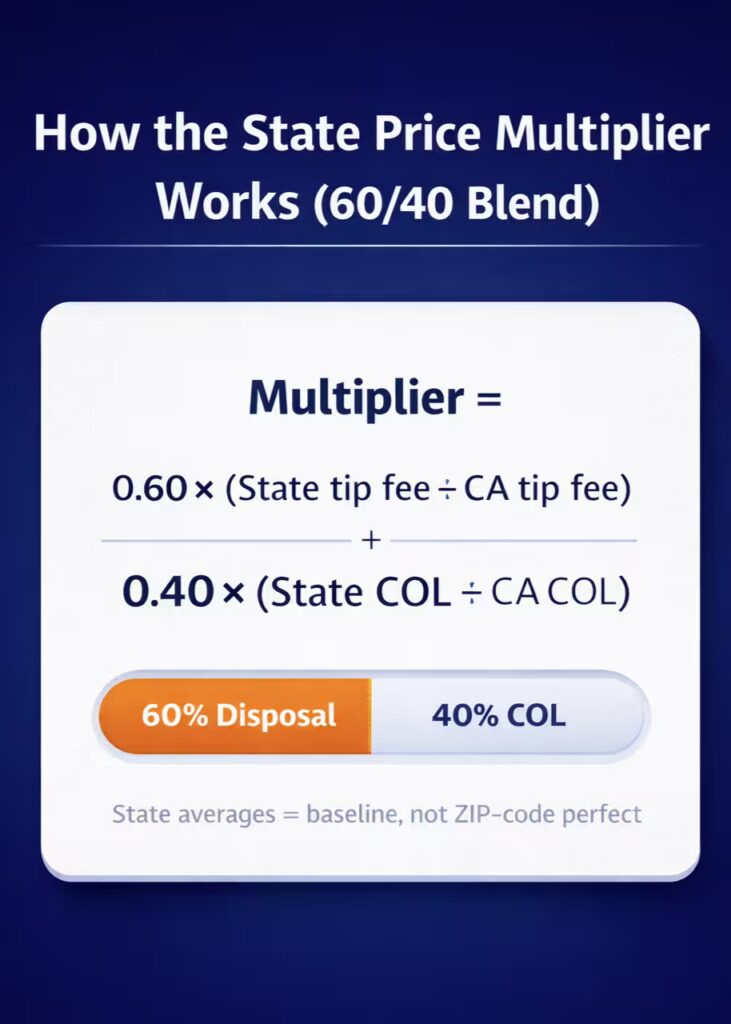 Infographic showing the junk removal state price multiplier formula based on 60 percent disposal fees and 40 percent cost of living.