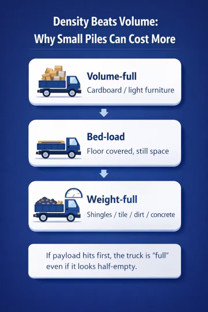 Infographic explaining how junk removal pricing is affected by weight versus volume, showing volume-full, bed-load, and weight-full truck examples.