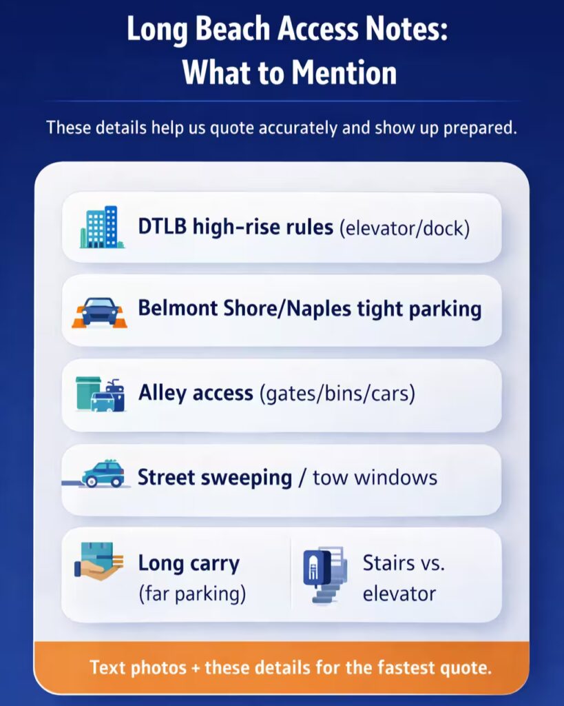 Long Beach access notes for quoting: DTLB rules, tight parking, alleys, street sweeping, long carry, stairs vs elevator.
