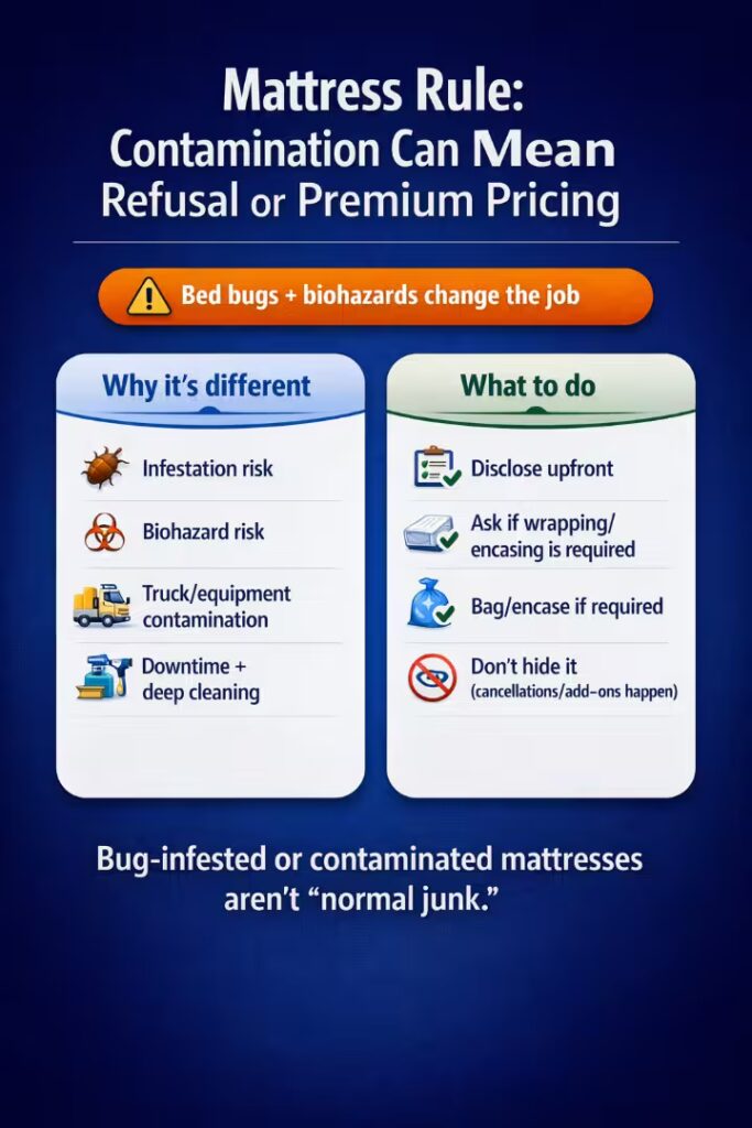 Infographic explaining how bed bugs or biohazards can affect mattress removal pricing or cause service refusal.