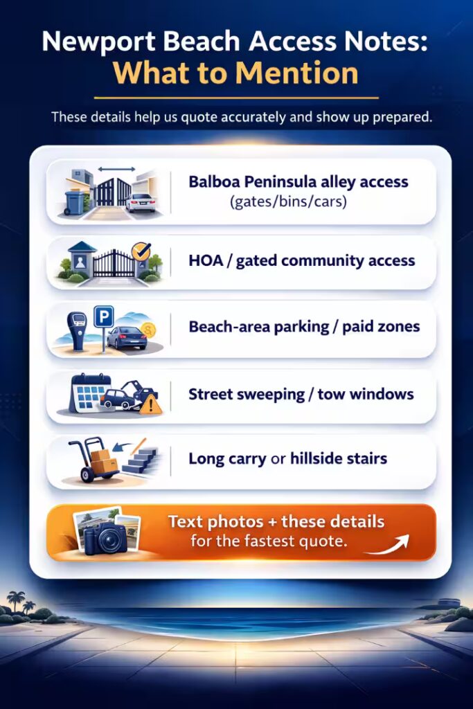 Newport Beach junk removal access notes including Balboa Peninsula alley access, HOA gates, beach parking, street sweeping, and long carry stairs