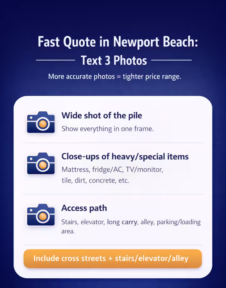 How to get a fast junk removal quote in Newport Beach by texting wide shot, close-ups, and access path photos
