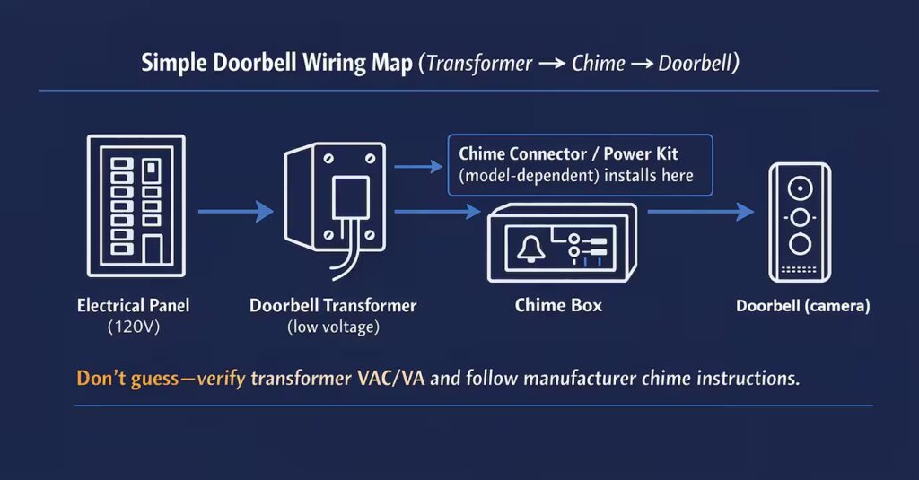 Simple wiring diagram showing electrical panel to transformer to chime box to doorbell, with chime connector/power kit location.