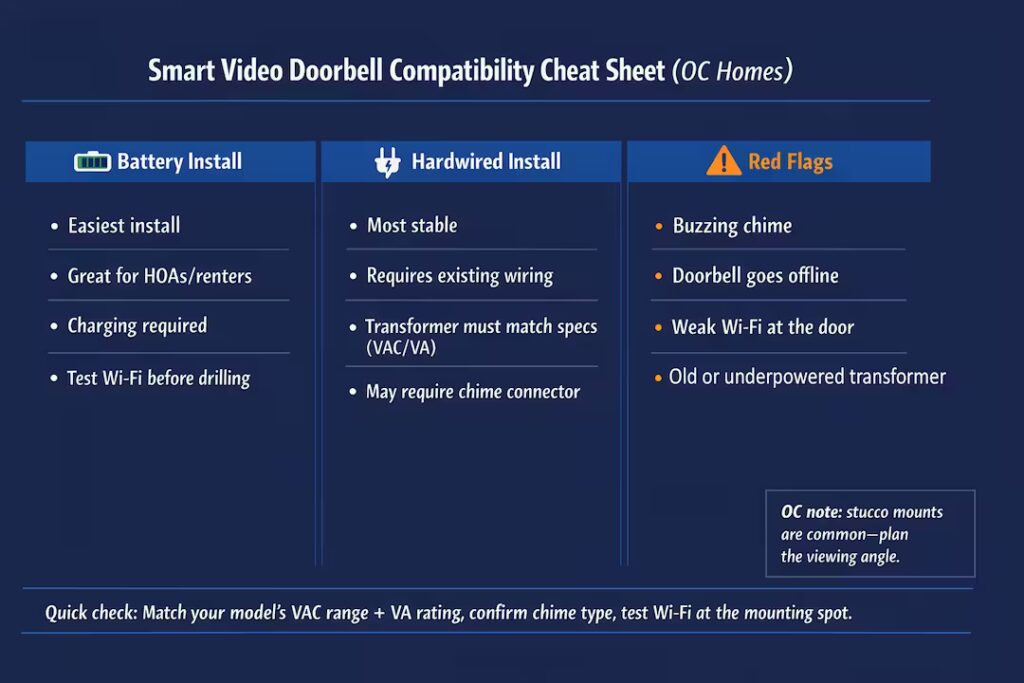 Three-column cheat sheet comparing battery vs hardwired video doorbells and listing red flags like buzzing chime and weak Wi-Fi.