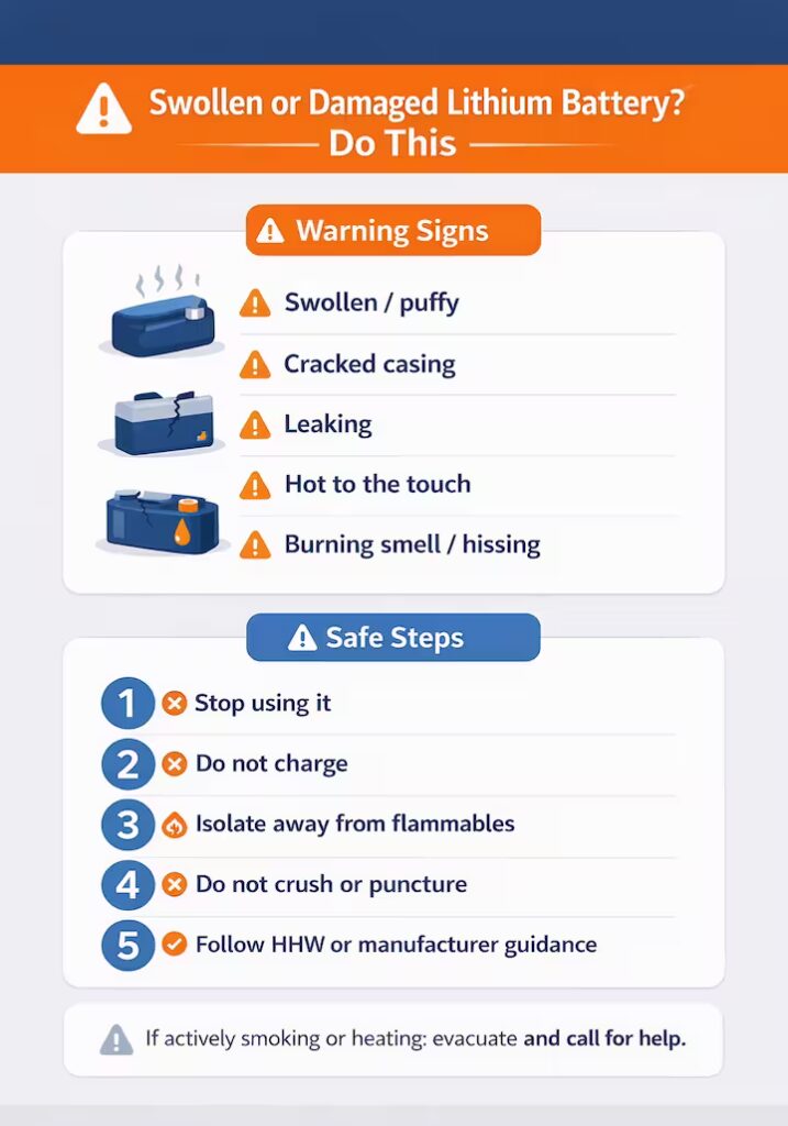 Warning infographic showing signs of damaged lithium batteries and safe steps to isolate them.