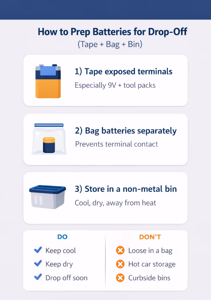 Three-step guide showing how to tape terminals, bag batteries separately, and store them in a non-metal bin.
