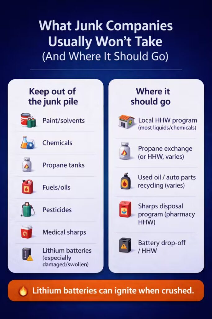 Infographic showing items junk removal companies usually refuse and where to dispose of them safely.